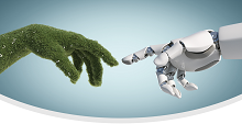 mano coperta da erba e mano robotica